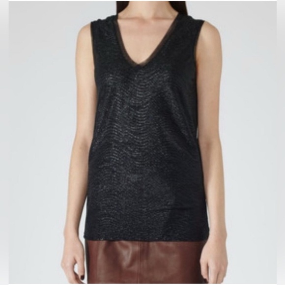Reiss Ona Black Sleeveless MetalicTank Top with V-Neck- extra small - Picture 1 of 4
